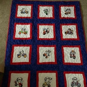 Baby quilt. Embroidered dogs on motorcycles.